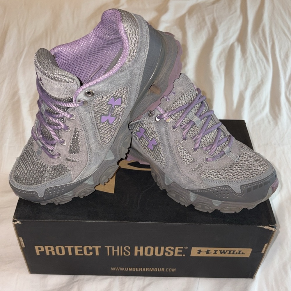 Under Armour light gray && purple shoes.